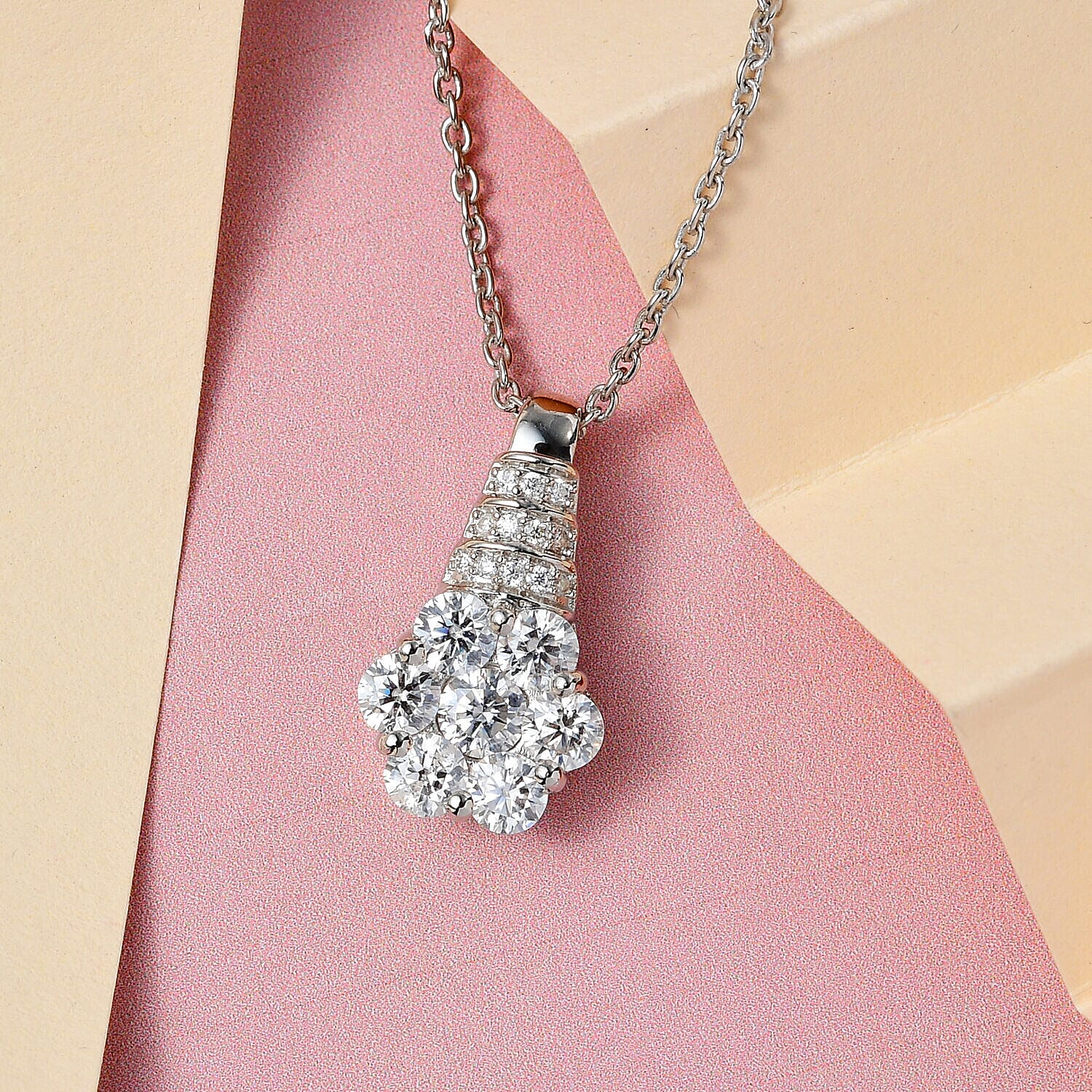 GP- Moissanite Cluster Pendant And Chain in Platinum Overlay Sterling Silver 4401208 2