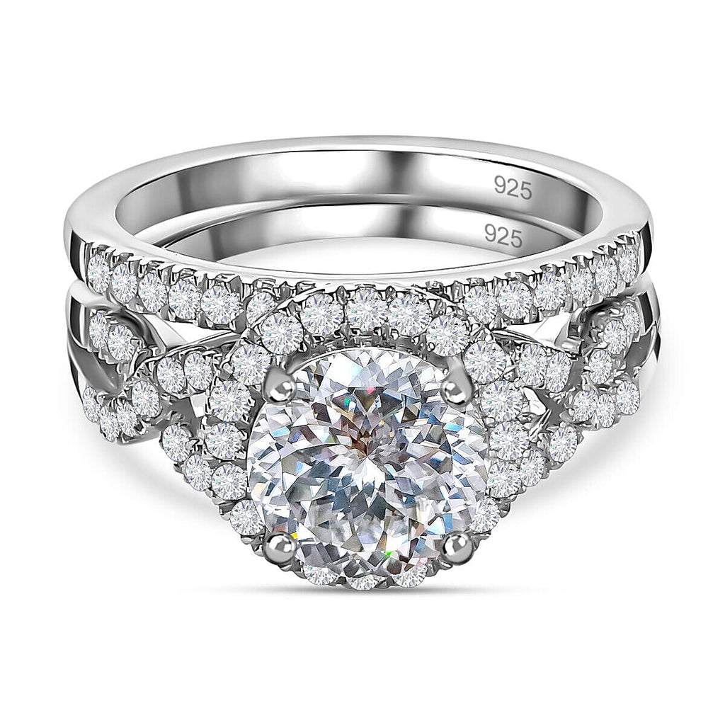Set of 2 -  Moissanite Ring and Band Ring in Platinum Overlay Sterling Silver 2.23 Ct.