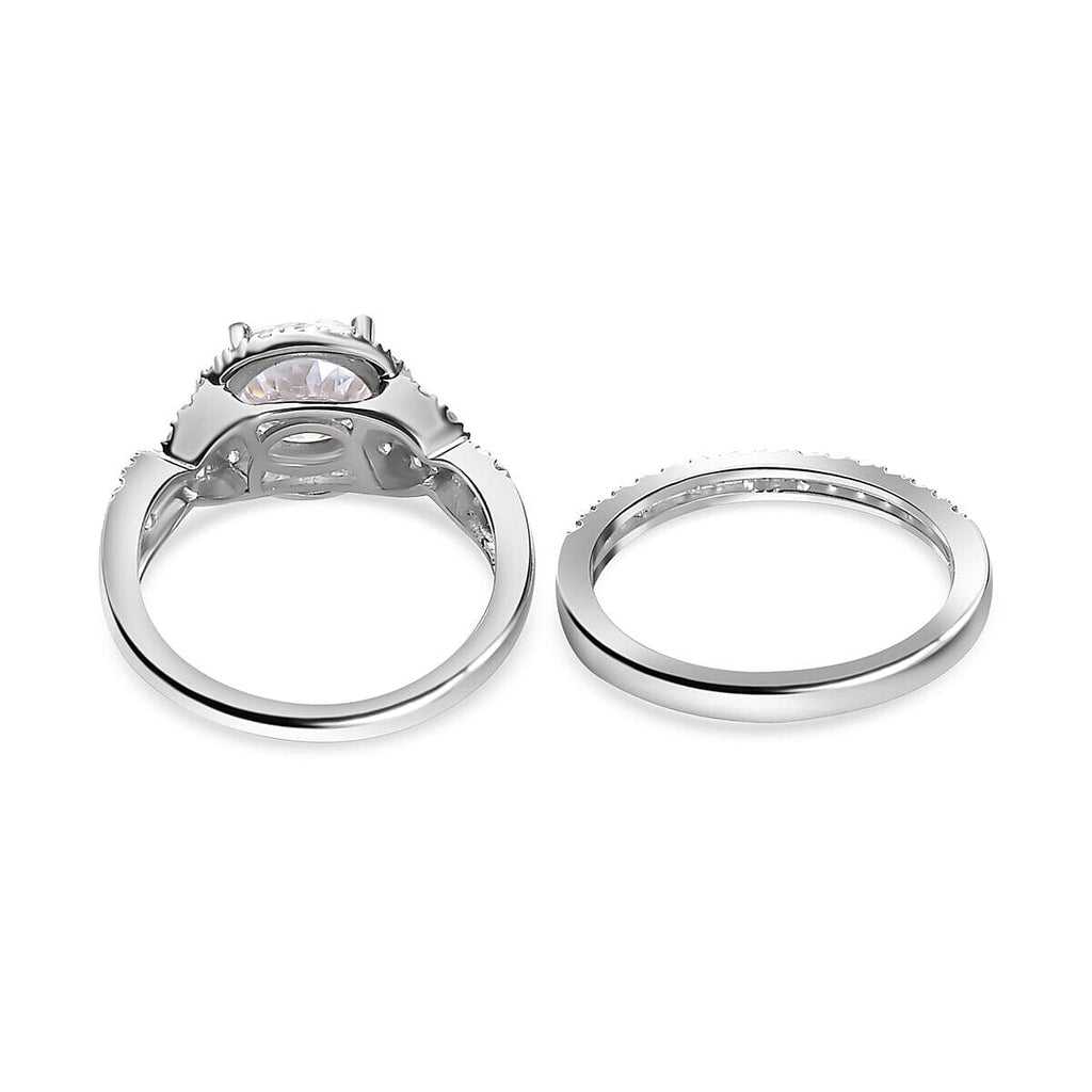 Set of 2 -  Moissanite Ring and Band Ring in Platinum Overlay Sterling Silver 2.23 Ct.