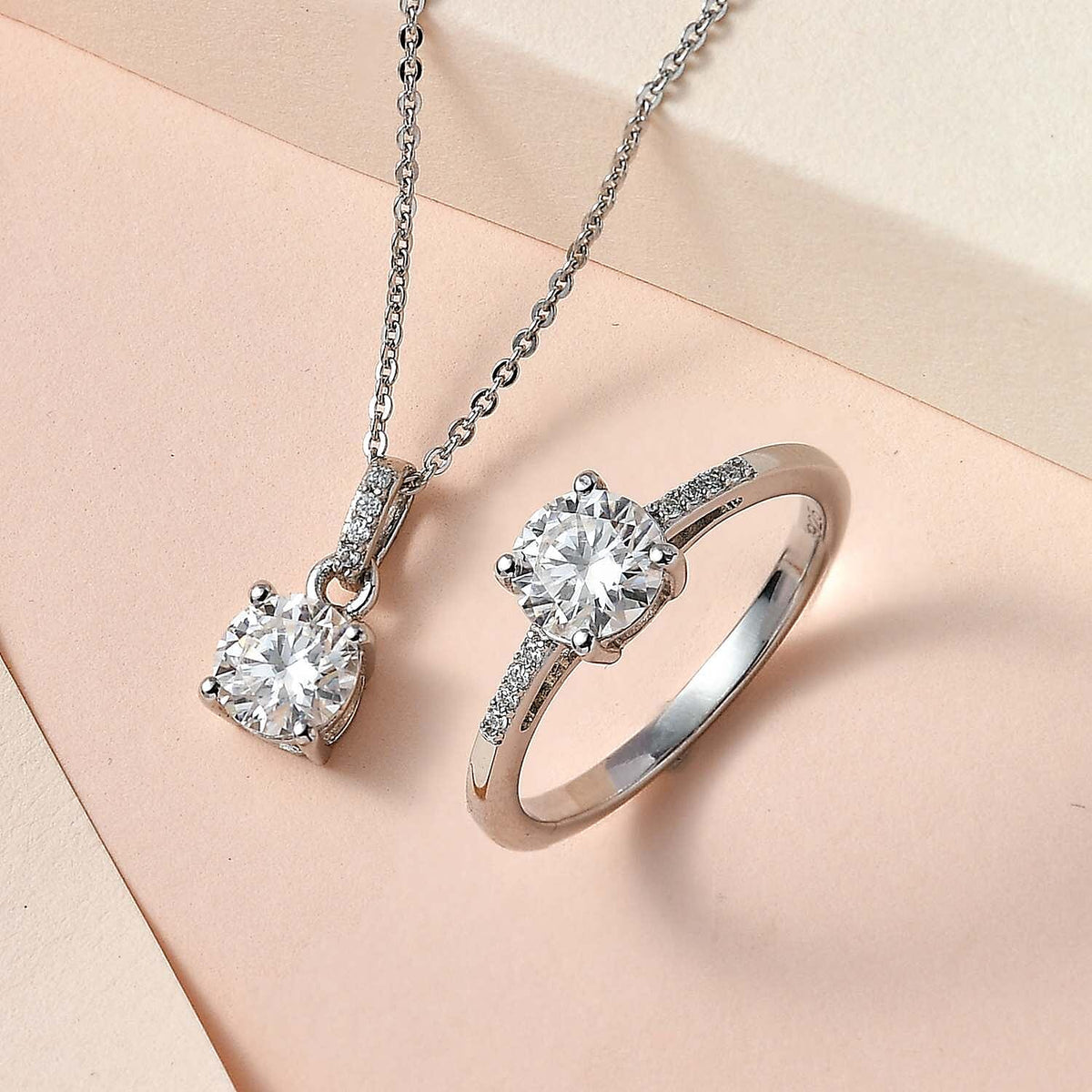 2 Piece Set - Moissanite Ring and Pendant with Chain (Size 20) in Platinum Overlay Sterling Silver 3.00 Ct, Silver Wt. 8.4 Gms 4190721 2