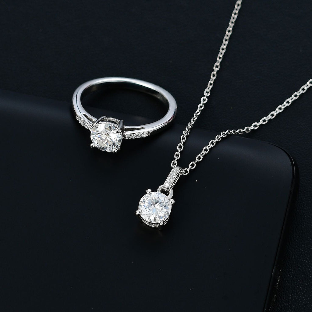 2 Piece Set - Moissanite Ring & Pendant with Chain (Size 20) in Rhodium Overlay Sterling Silver 1.78 Ct,