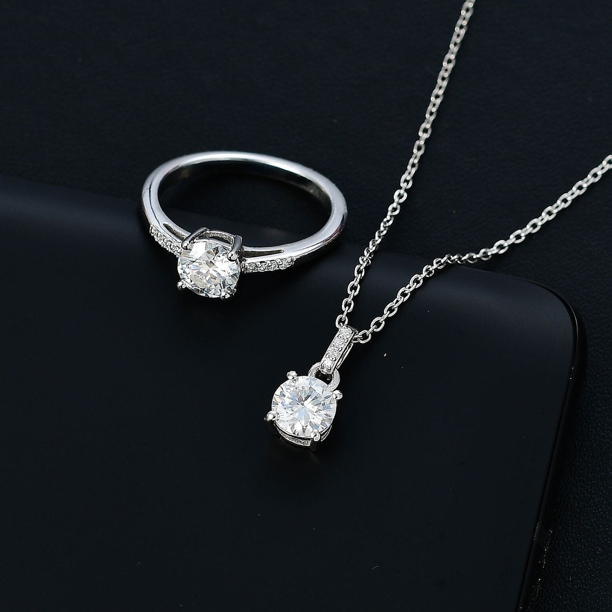 2 Piece Set - Moissanite Ring &amp; Pendant with Chain (Size 20) in Rhodium Overlay Sterling Silver 1.78 Ct 4277271 2