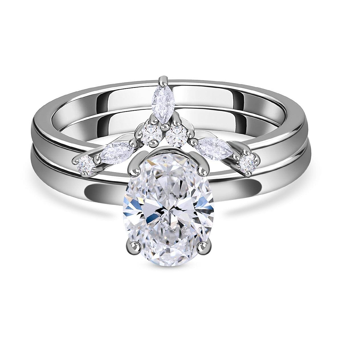 Set Of 2 - Moissanite Solitaire and Band Ring in Platinum Overlay Sterling Silver 1.390  Ct. 4205553 0