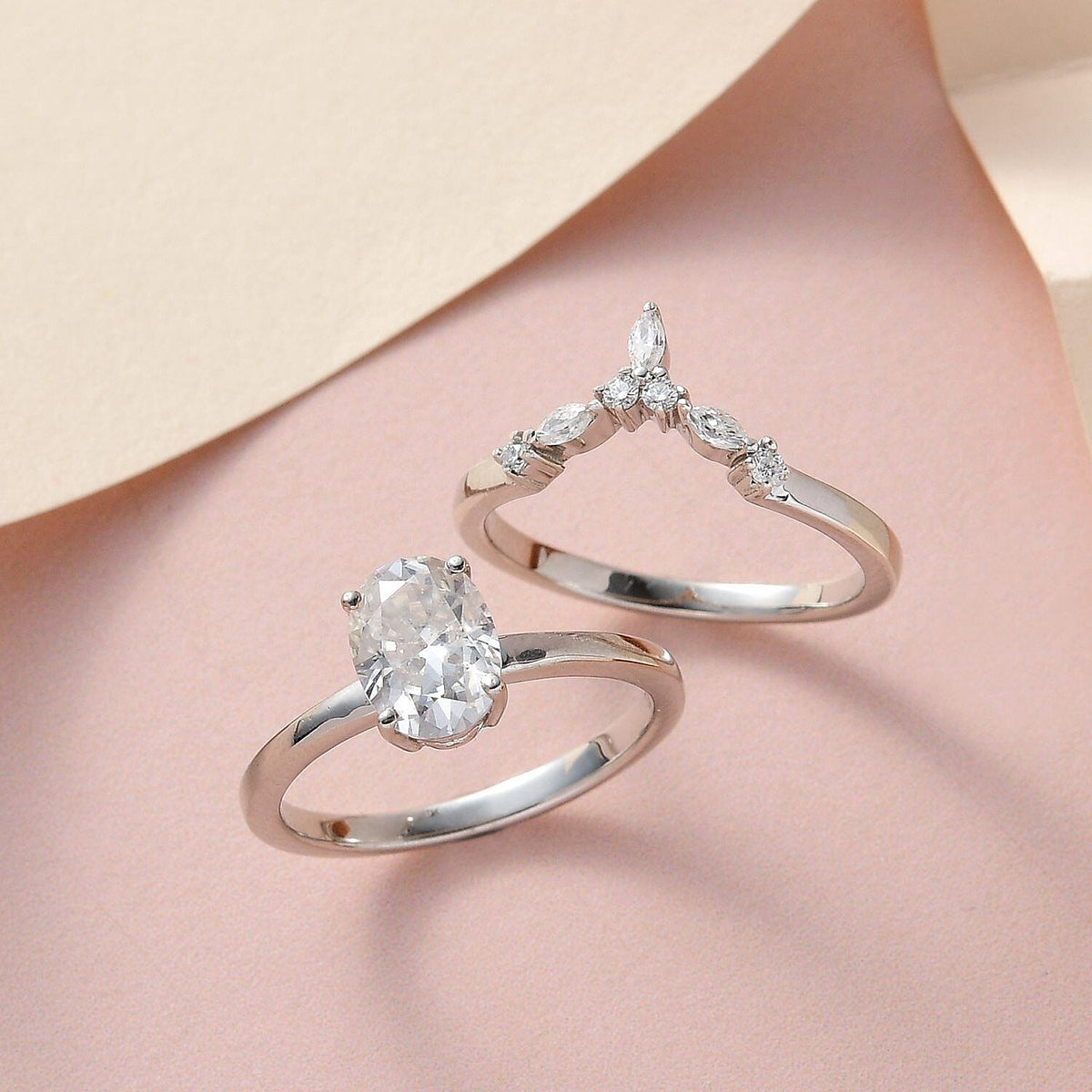 Set Of 2 - Moissanite Solitaire and Band Ring in Platinum Overlay Sterling Silver 1.390  Ct. 4205553 1