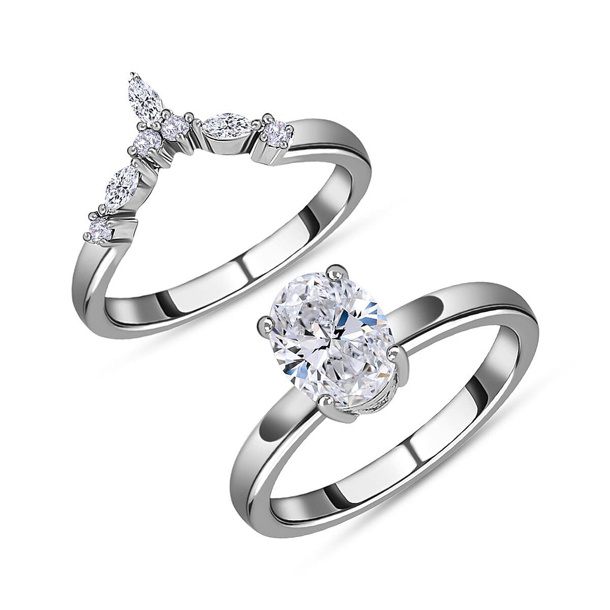 Set Of 2 - Moissanite Solitaire and Band Ring in Platinum Overlay Sterling Silver 1.390  Ct. 4205553 3