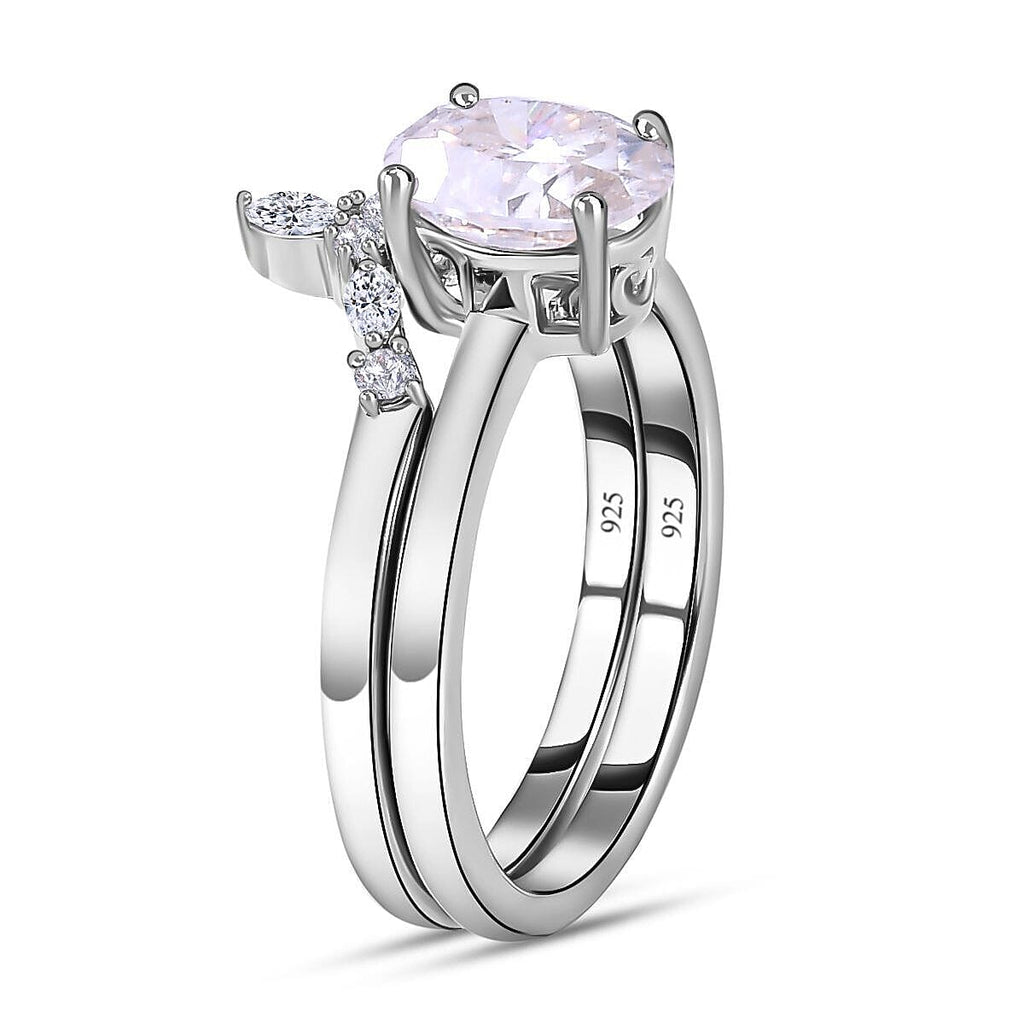 2 Piece Set -  Moissanite Solitaire Ring and Band Ring in Platinum Overlay Sterling Silver   1.390  Ct.