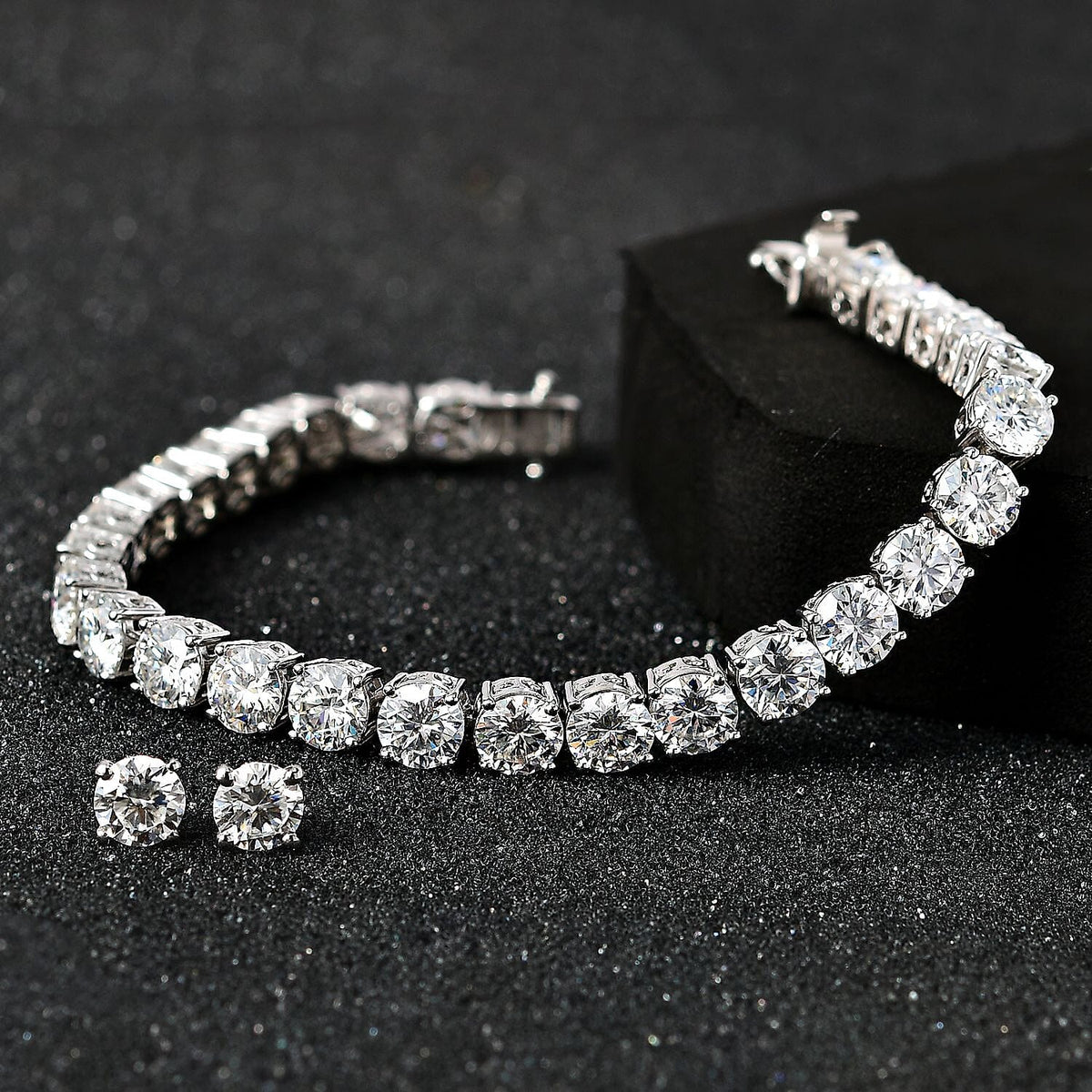 2 Piece Set - Moissanite Solitaire Stud Push Post Earring and Tennis Bracelet (Size 7) in Platinum Overlay Sterling Silver 4218149 2