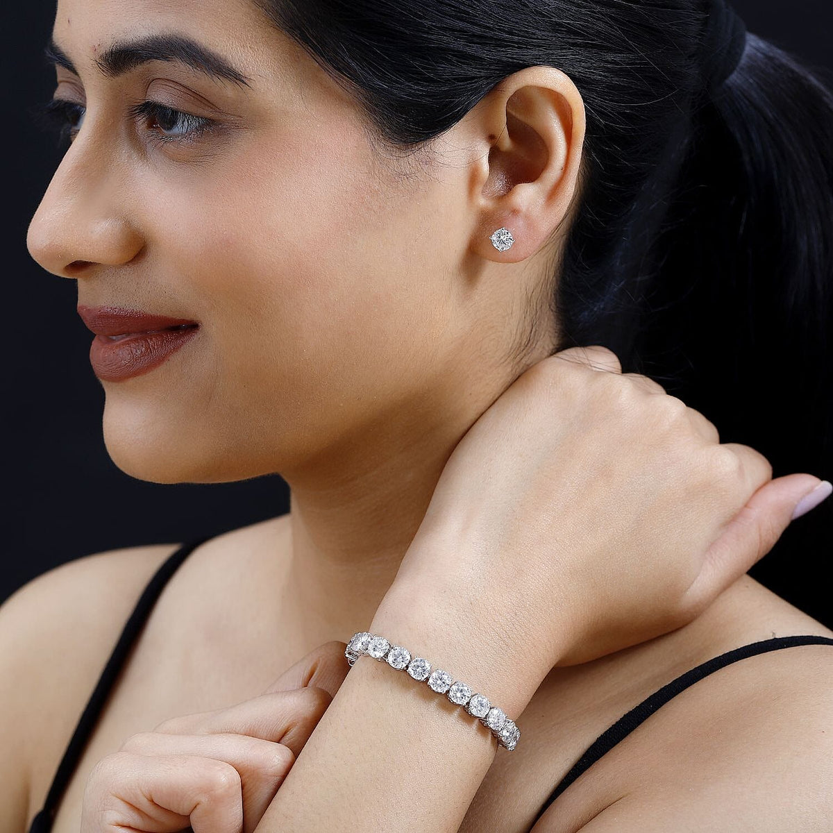 2 Piece Set - Moissanite Solitaire Stud Push Post Earring and Tennis Bracelet (Size 7) in Platinum Overlay Sterling Silver 4218149 3