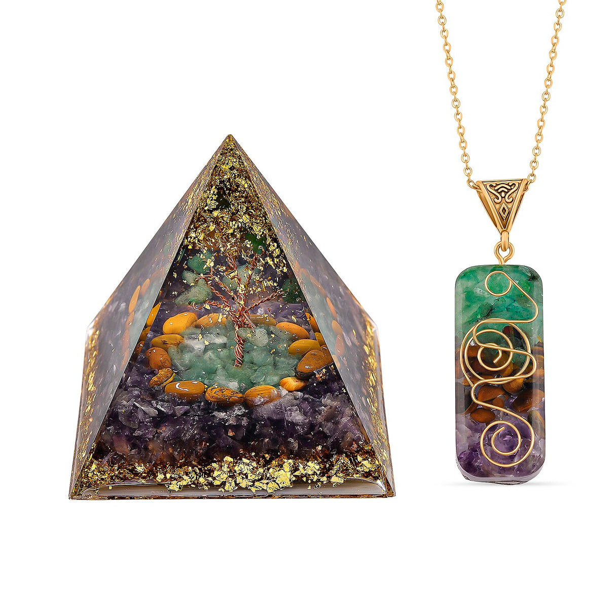 CloseOut Deal - 2 Piece Set - Multi Colour Gemstones Amethyst Pyramid Decorative &amp; Pendant with Chain (Size 20 + 2 Ext) V32533650 0