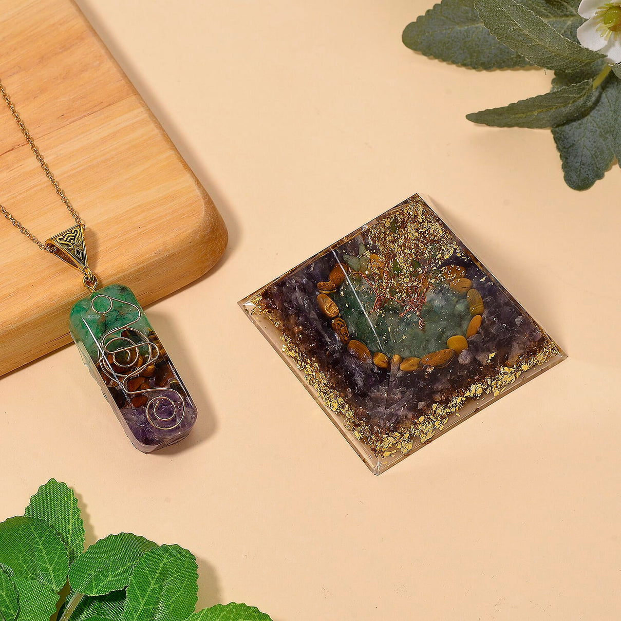 CloseOut Deal - 2 Piece Set - Multi Colour Gemstones Amethyst Pyramid Decorative &amp; Pendant with Chain (Size 20 + 2 Ext) V32533650 1