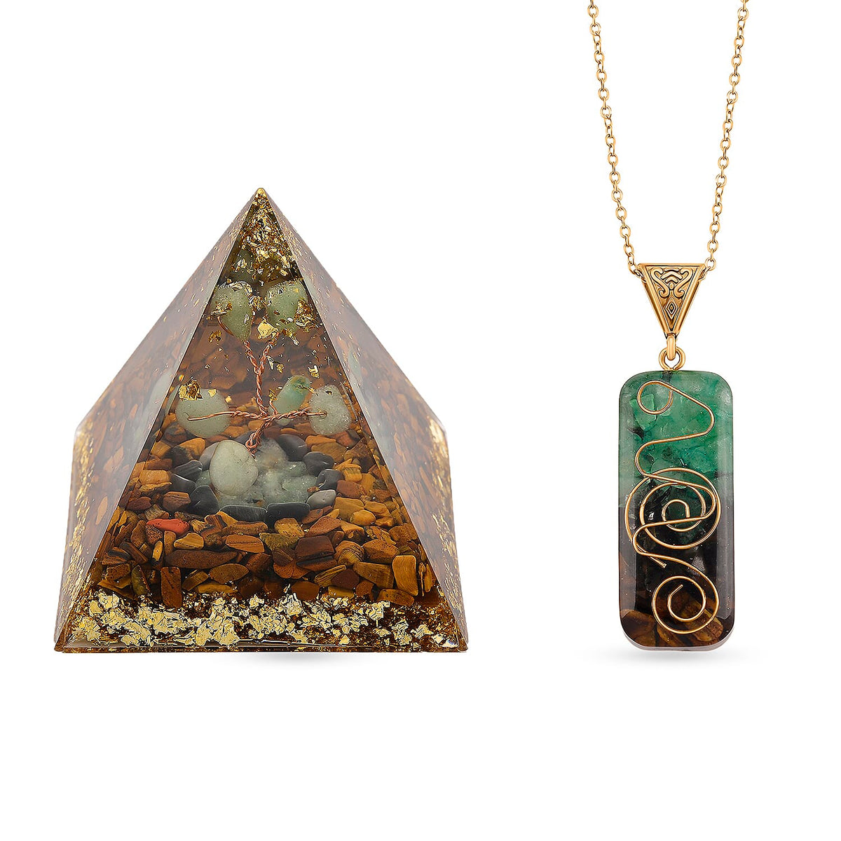 CloseOut Deal - 2 Piece Set - Multi Colour Gemstones Tiger Eye Pyramid Decorative &amp; Pendant with Chain (Size 20 - 2 Ext) 4426096 0
