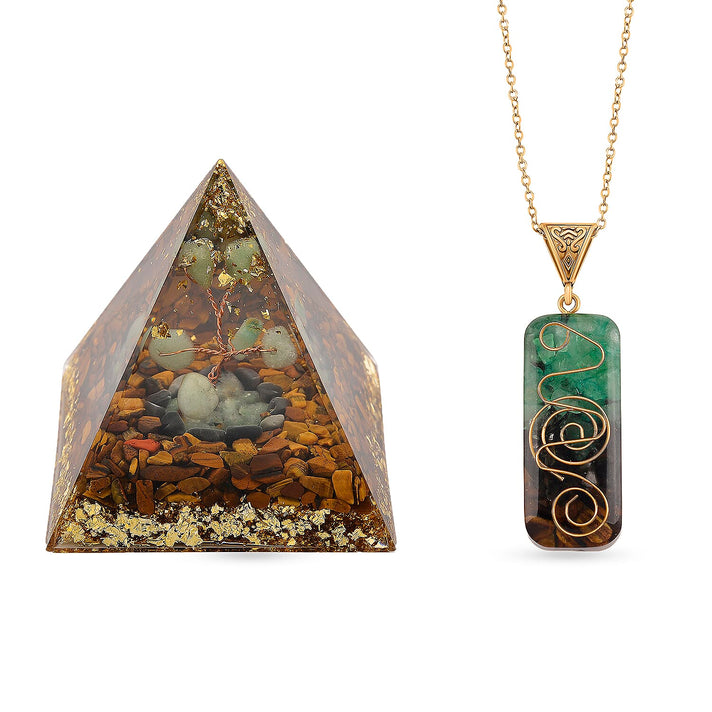 CloseOut Deal - 2 Piece Set - Multi Colour Gemstones Tiger Eye Pyramid Decorative &amp; Pendant with Chain (Size 20 + 2 Ext) 4426096 1