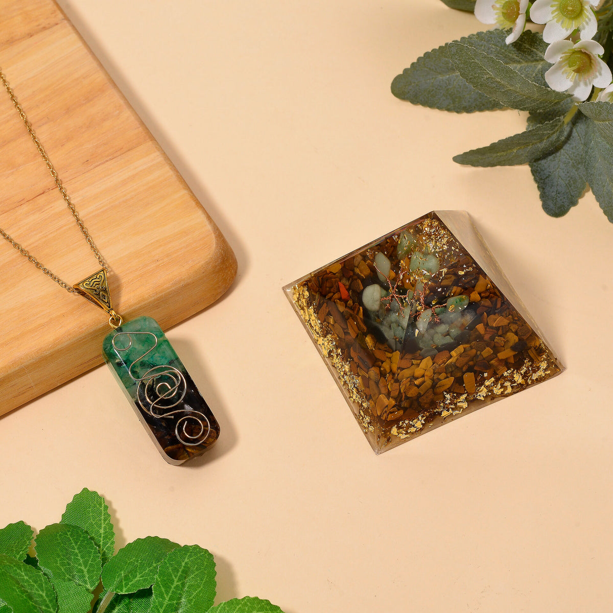 CloseOut Deal - 2 Piece Set - Multi Colour Gemstones Tiger Eye Pyramid Decorative &amp; Pendant with Chain (Size 20 - 2 Ext) 4426096 2