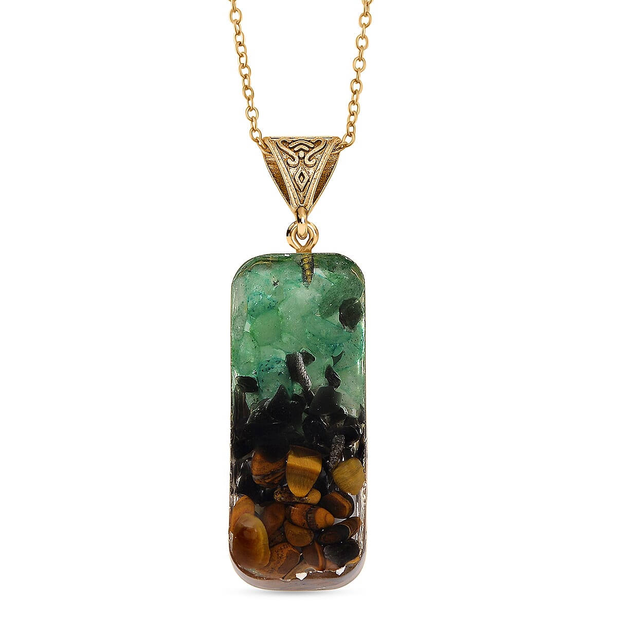 CloseOut Deal - 2 Piece Set - Multi Colour Gemstones Tiger Eye Pyramid Decorative &amp; Pendant with Chain (Size 20 - 2 Ext) 4426096 8