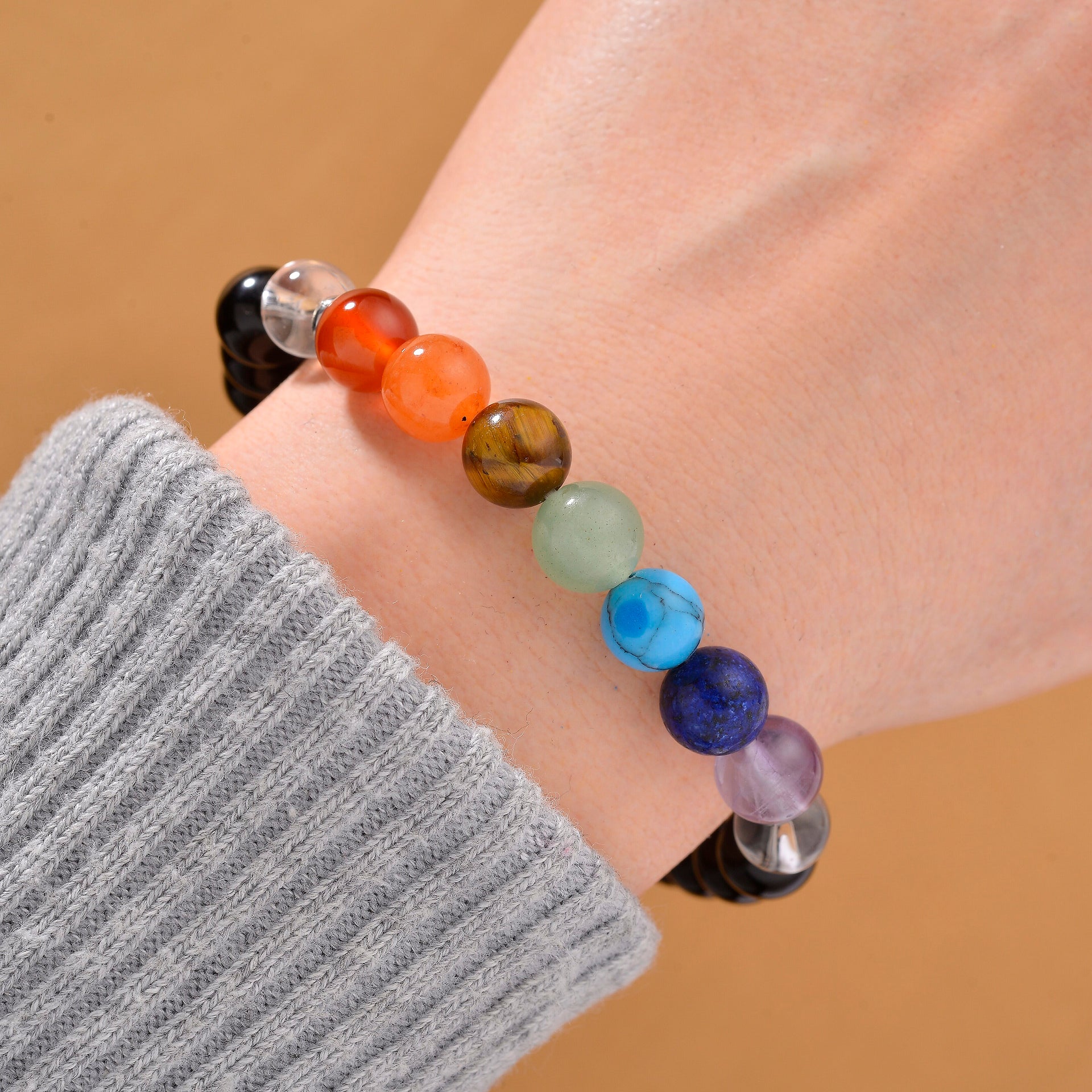 Tucson Find - 2 Piece Set - Seven Chakra Gemstone Frame with Stretchable Bracelet (Size 7.5 ) 150 Ct. 4393113 2