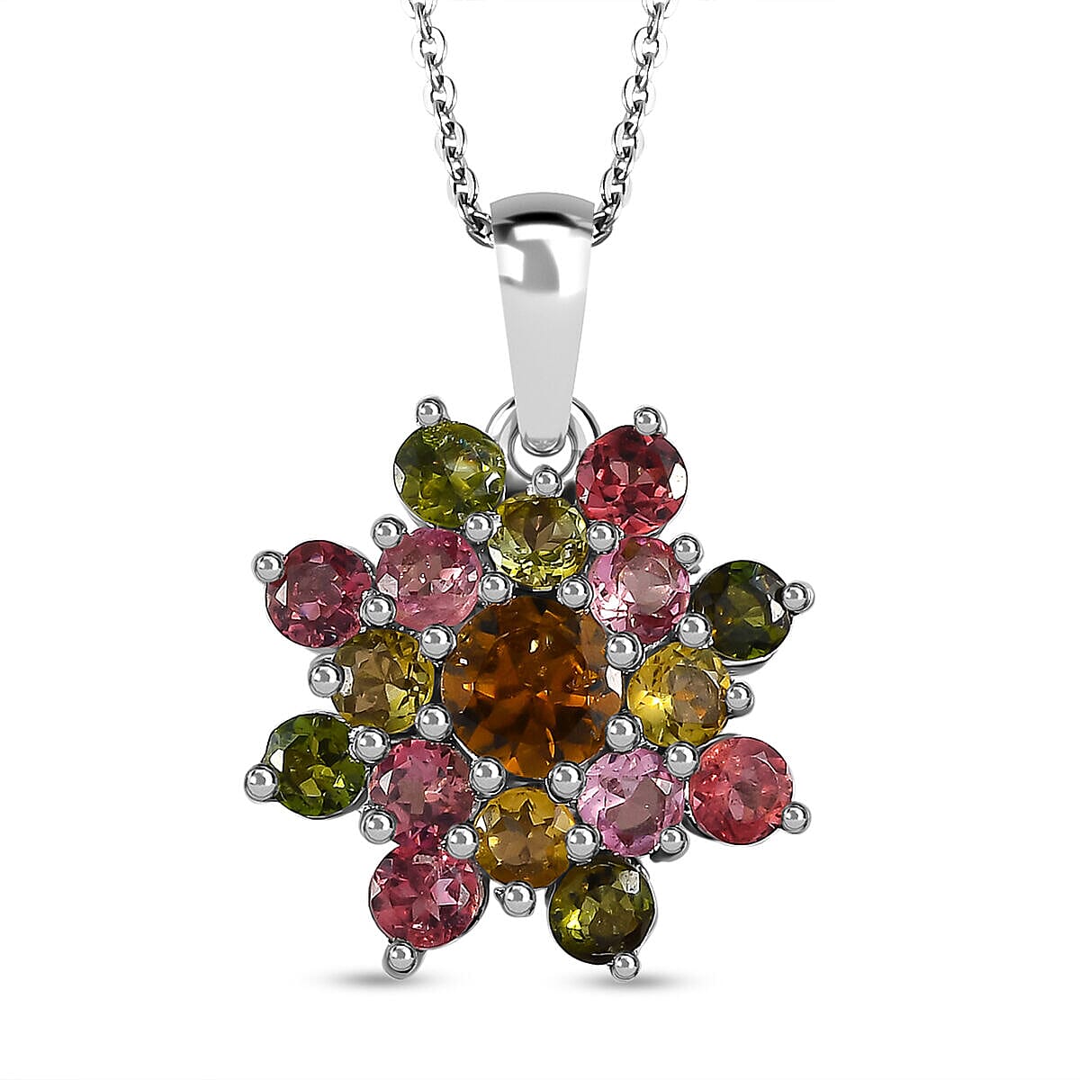 Multi-Tourmaline Cluster Pendant with Chain (Size - 20) in Platinum Overlay Sterling Silver 2.400 Ct. 4128227 0
