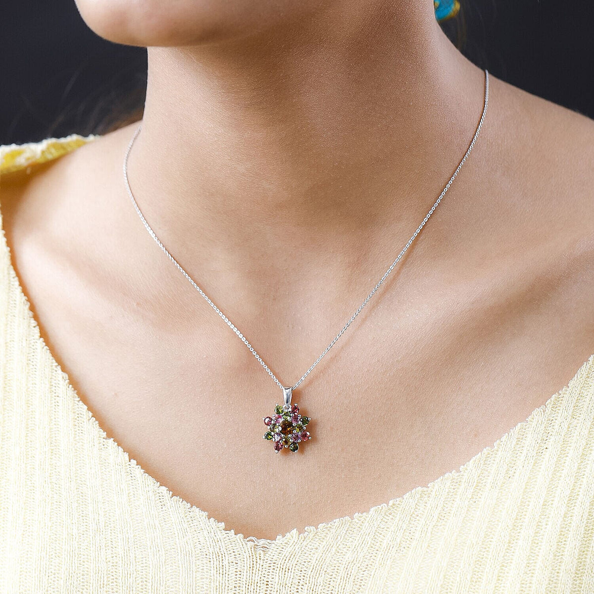 Multi-Tourmaline Cluster Pendant with Chain (Size - 20) in Platinum Overlay Sterling Silver 2.400 Ct. 4128227 2