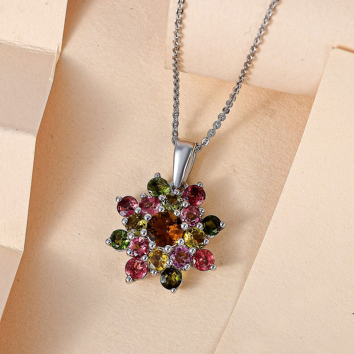 Multi-Tourmaline Cluster Pendant with Chain (Size - 20) in Platinum Overlay Sterling Silver 2.400 Ct. 4128227 3