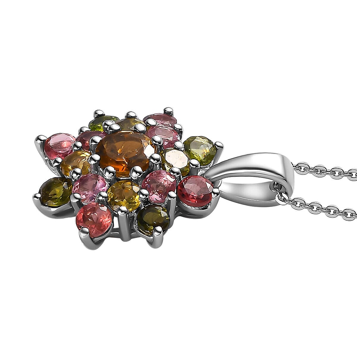 Multi-Tourmaline Cluster Pendant with Chain (Size - 20) in Platinum Overlay Sterling Silver 2.400 Ct. 4128227 4