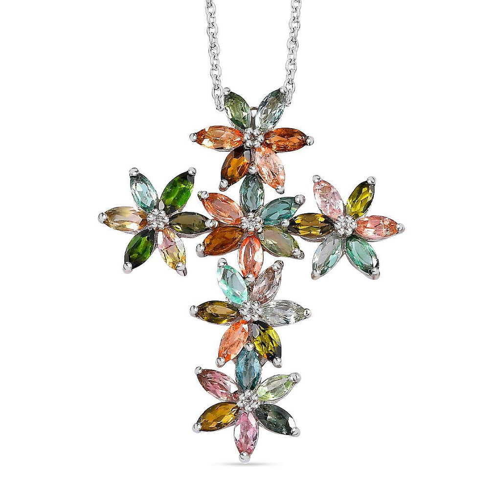GP Italian Garden Collection - Multi-Tourmaline and Natural Zircon Floral Pendant with Chain (Size 20) in Platinum Overlay Sterling Silver 4.70 Ct