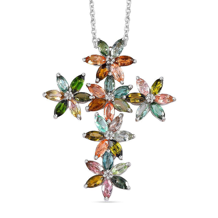 GP Italian Garden Collection - Multi-Tourmaline and Natural Zircon Floral Pendant with Chain (Size 20) in Platinum Overlay Sterling Silver 4.70 Ct 4401785 1