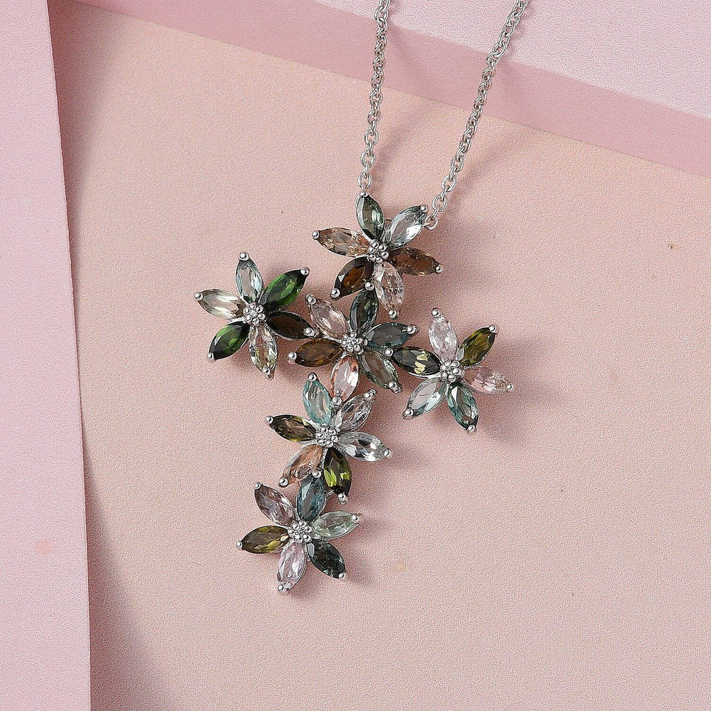 GP Italian Garden Collection - Multi-Tourmaline and Natural Zircon Floral Pendant with Chain (Size 20) in Platinum Overlay Sterling Silver 4.70 Ct