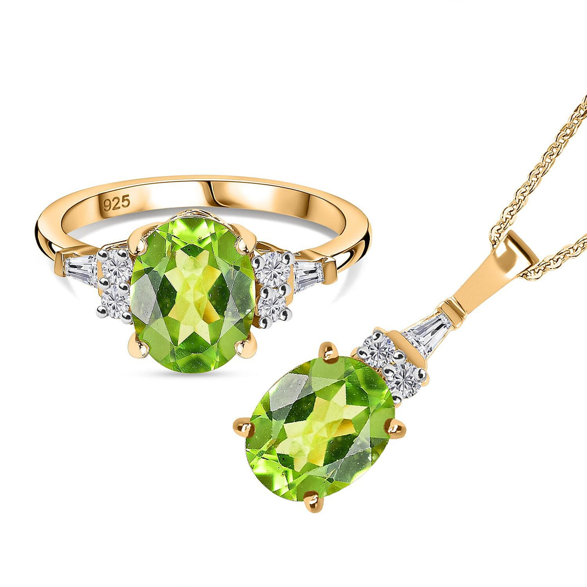 2 Piece Set -  Peridot, White Zircon Ring, Pendant with Chain (Size 20) in 18K Yellow Gold Vermeil Plated Sterling Silver 4294830 0