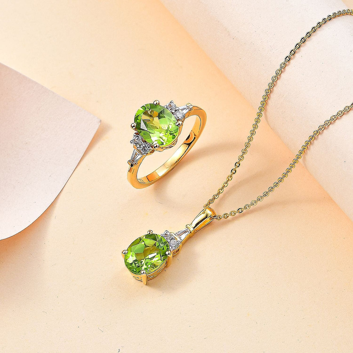2 Piece Set -  Peridot, White Zircon Ring, Pendant with Chain (Size 20) in 18K Yellow Gold Vermeil Plated Sterling Silver 4294830 1