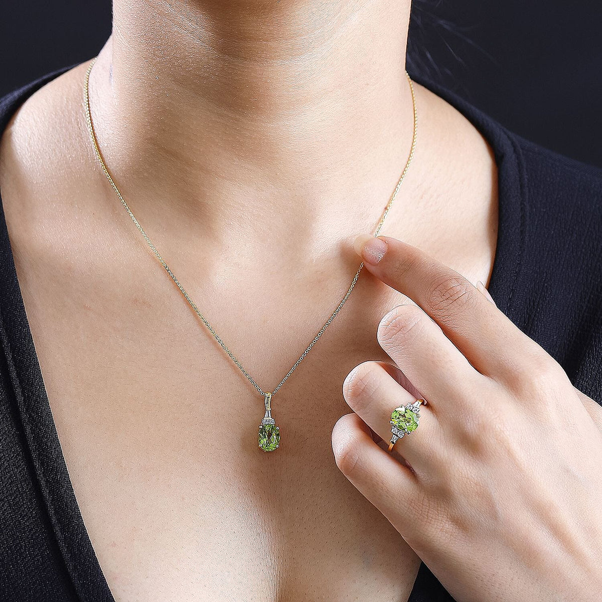 2 Piece Set -  Peridot, White Zircon Ring, Pendant with Chain (Size 20) in 18K Yellow Gold Vermeil Plated Sterling Silver 4294830 2