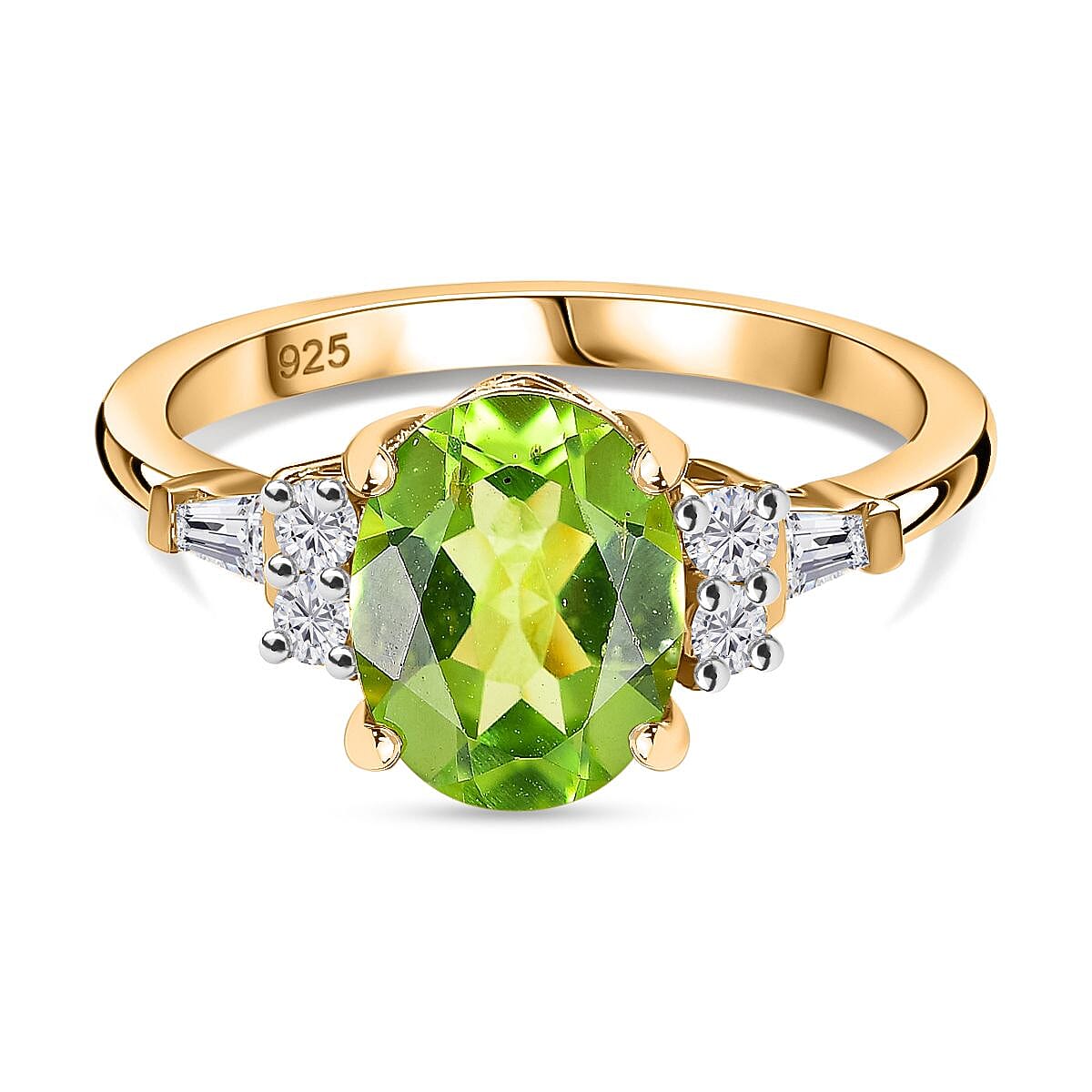 2 Piece Set -  Peridot, White Zircon Ring, Pendant with Chain (Size 20) in 18K Yellow Gold Vermeil Plated Sterling Silver 4294830 3