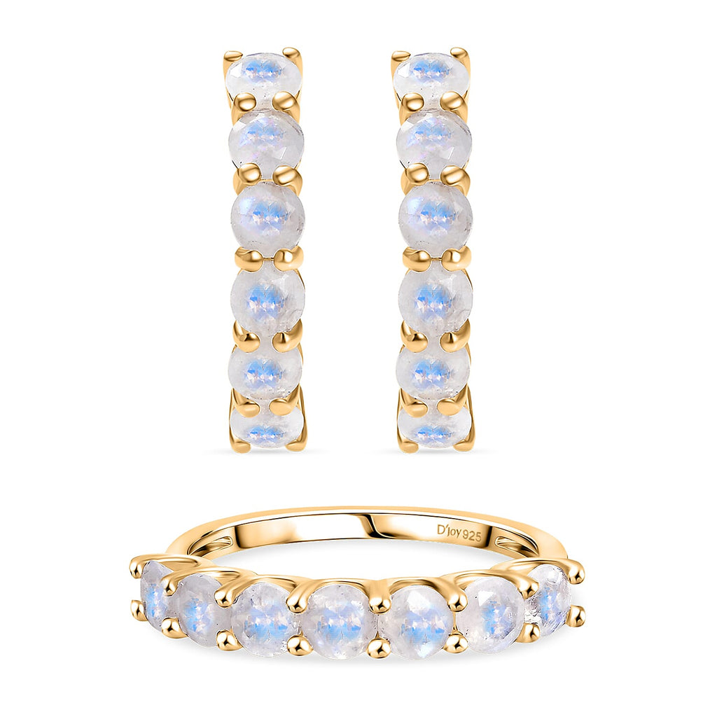 2 Piece Set -  Rainbow Moonstone Ring and Full Hoop Earring in 14K Yellow Gold Plated Sterling Silver 3.50 Ct.