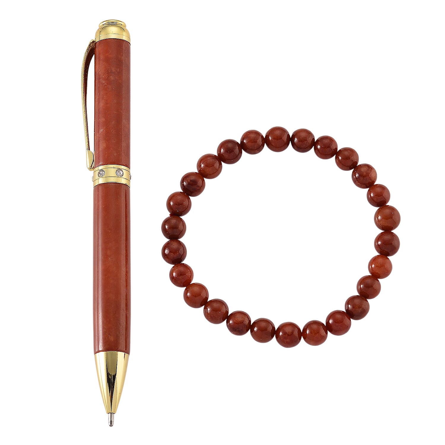 Enhanced Red Jade Beads Stretchable Bracelet (Size 7.5) &amp; Red Pen in Yellow Gold Plating 301.00 Ct. 4443480 0