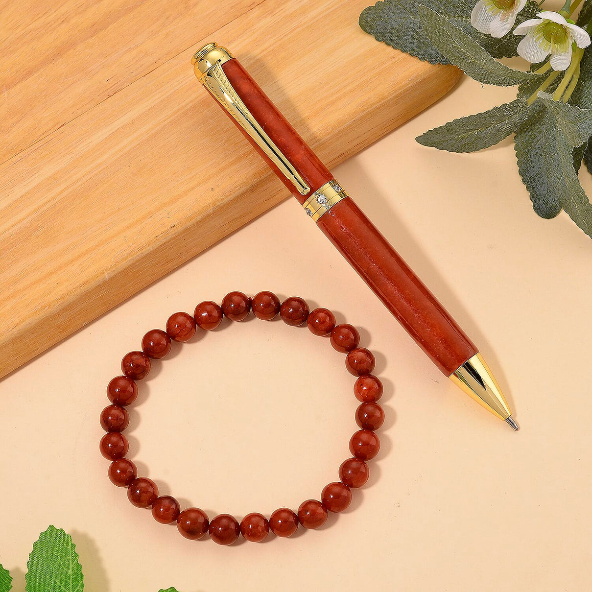 Enhanced Red Jade Beads Stretchable Bracelet (Size 7.5) &amp; Red Pen in Yellow Gold Plating 301.00 Ct. 4443480 2