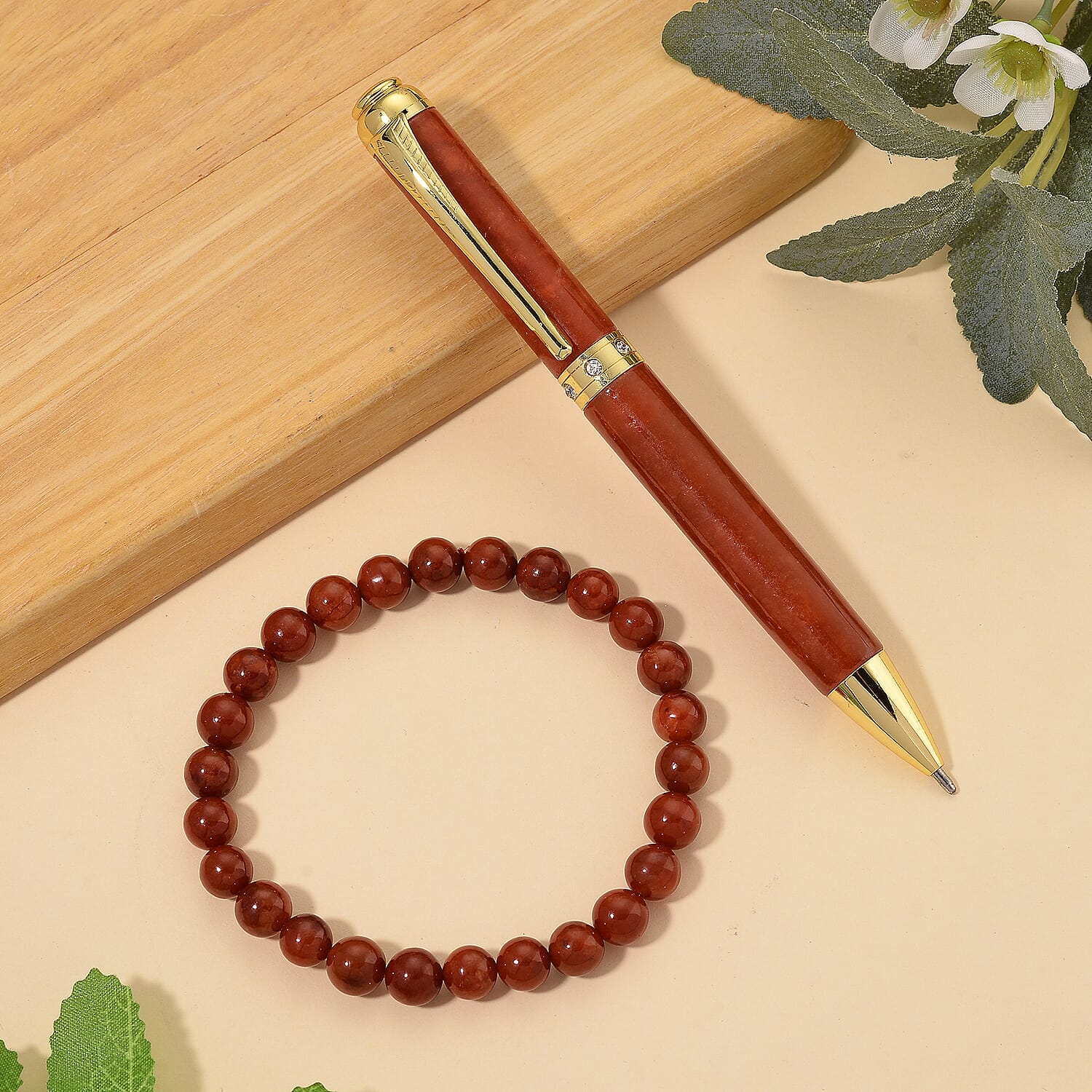 Enhanced Red Jade Beads Stretchable Bracelet (Size 7.5) &amp; Red Pen in Yellow Gold Plating 301.00 Ct. 4443480 2