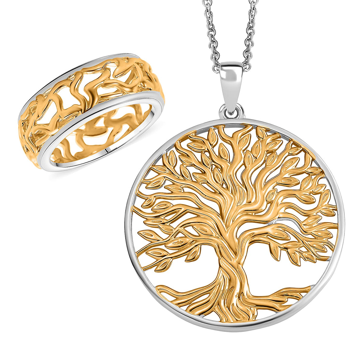 EverTrue 2 Piece Set of Band Ring &amp; Tree of Life Pendant with Chain (Size 20) in Yellow Gold Plated &amp; Platinum Overlay 4430290 0