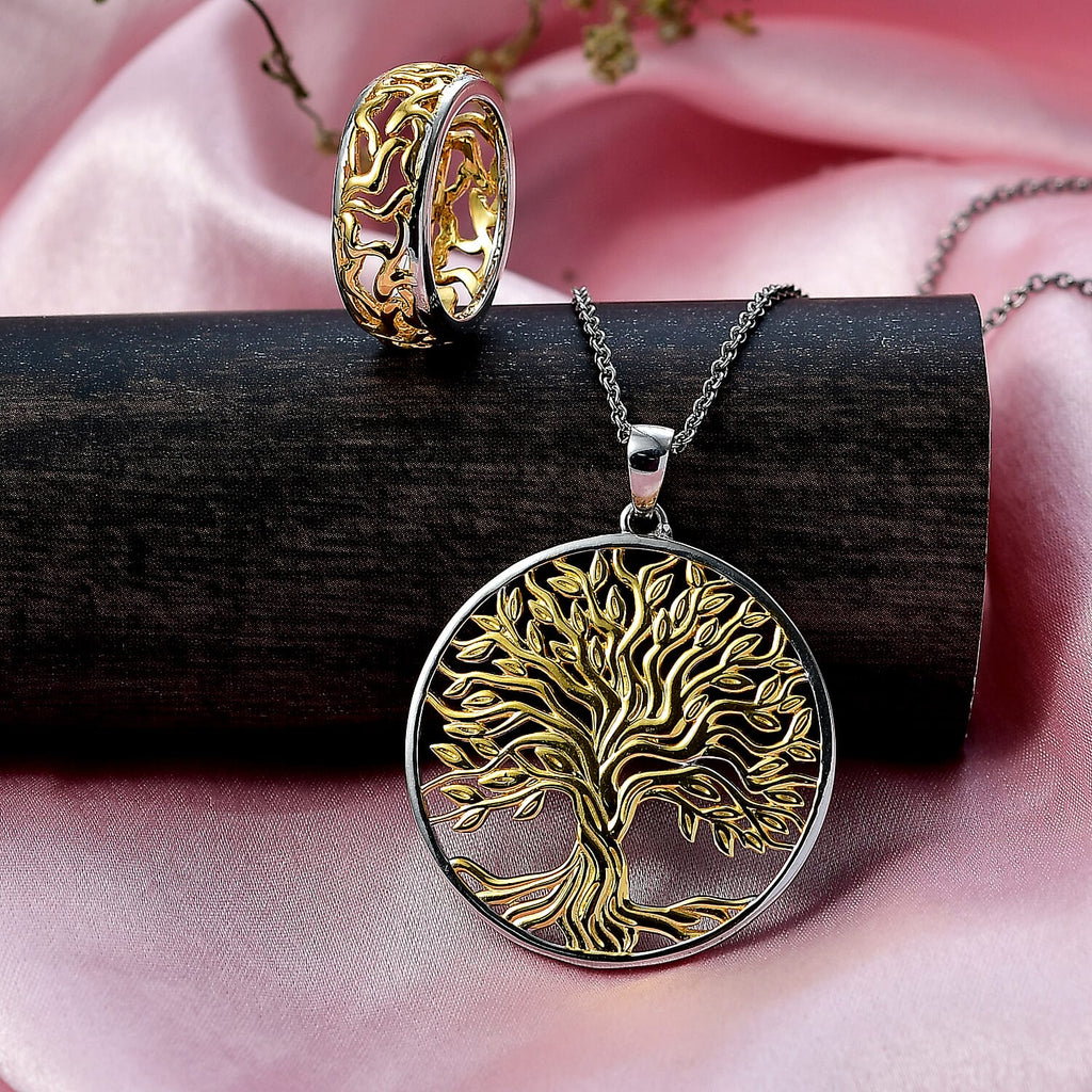 EverTrue 2 Piece Set - Ring (Size L) & Tree of Life Pendant with Chain (Size 20) in Yellow Gold Plated & Platinum Overlay