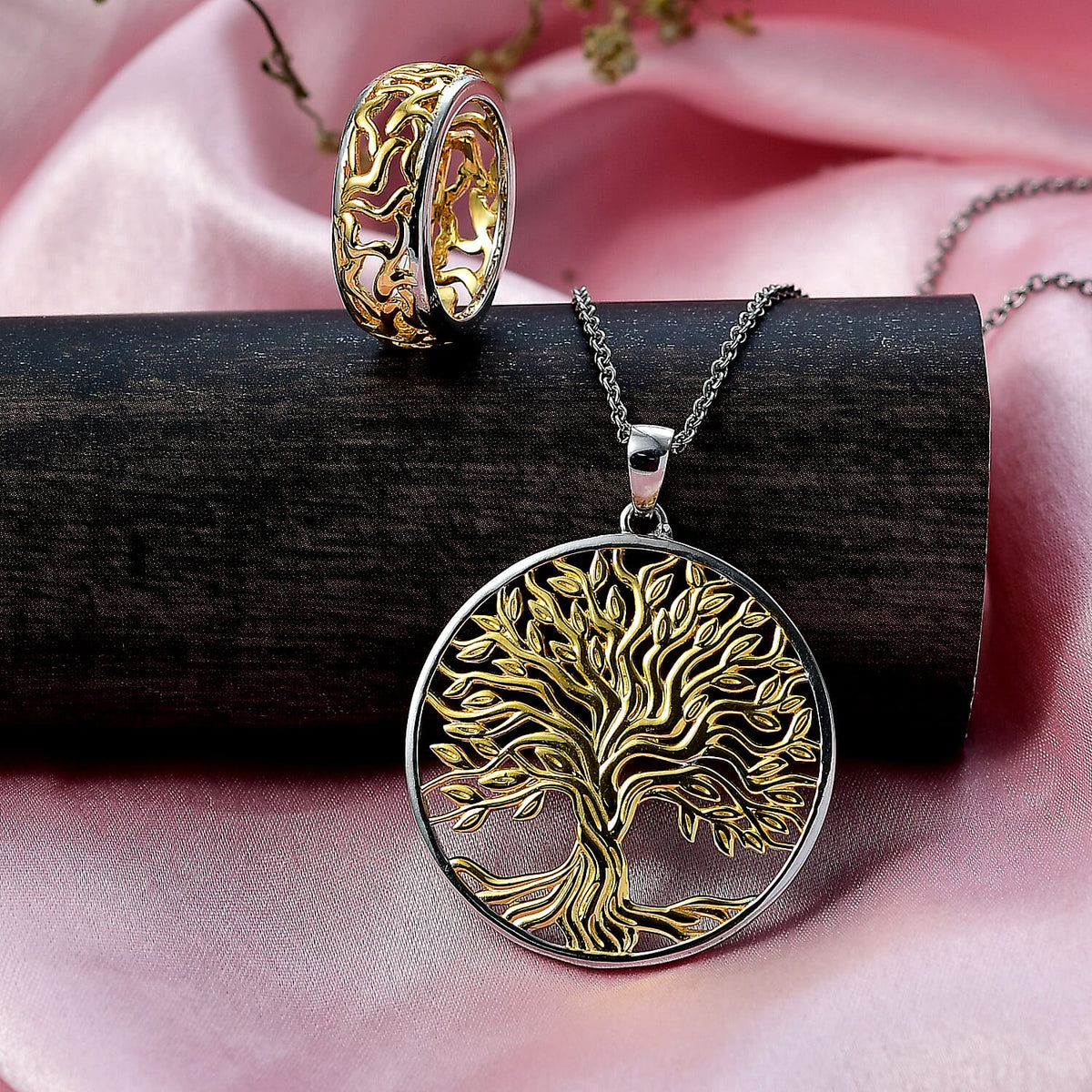 EverTrue 2 Piece Set of Band Ring &amp; Tree of Life Pendant with Chain (Size 20) in Yellow Gold Plated &amp; Platinum Overlay 4430290 2
