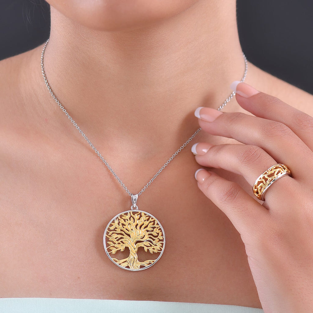 EverTrue 2 Piece Set - Ring (Size L) & Tree of Life Pendant with Chain (Size 20) in Yellow Gold Plated & Platinum Overlay