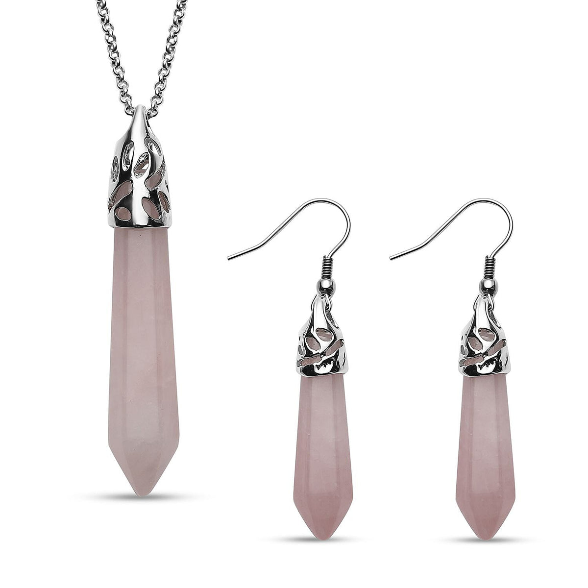 2 Piece Set - Rose Quartz Pendant with Chain (Size 20 with 2 inch Extender) and Earrings With Hook in Silver Tone 4074289 0