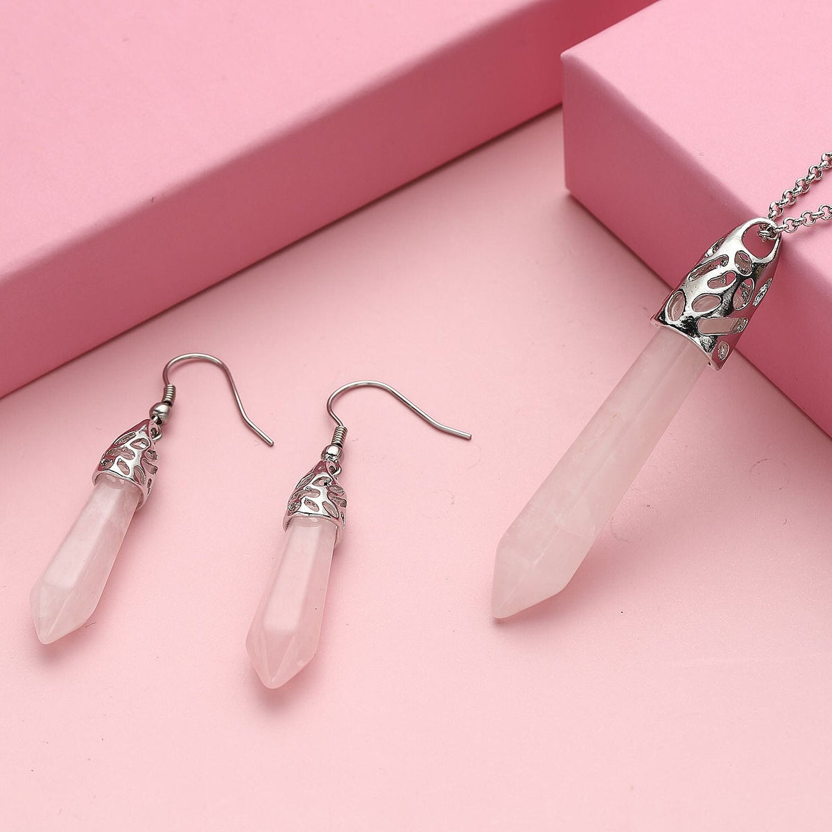 2 Piece Set - Rose Quartz Pendant with Chain (Size 20 with 2 inch Extender) and Earrings With Hook in Silver Tone 4074289 2
