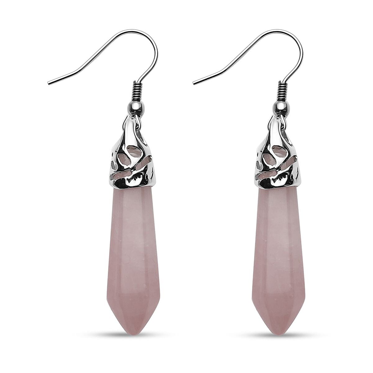 2 Piece Set - Rose Quartz Pendant with Chain (Size 20 with 2 inch Extender) and Earrings With Hook in Silver Tone 4074289 4