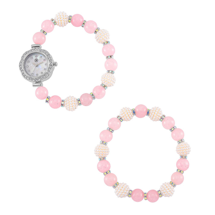 2 Piece Set - STRADA Japanese Movt. Watch with Rose Quartz, Resin &amp; Austrian White Crystal Stone Beaded Elastic Strap and Matching Bracelet Set 4356357 1