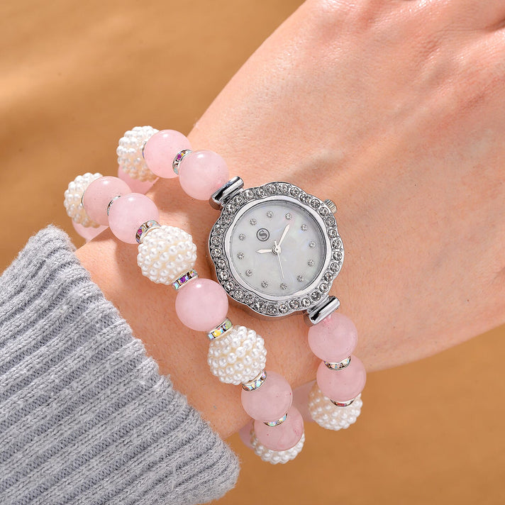 2 Piece Set - STRADA Japanese Movt. Watch with Rose Quartz, Resin &amp; Austrian White Crystal Stone Beaded Elastic Strap and Matching Bracelet Set 4356357 2