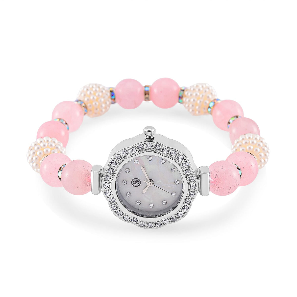 2 Piece Set - STRADA Japanese Movt. Watch with Rose Quartz, Resin &amp; Austrian White Crystal Stone Beaded Elastic Strap and Matching Bracelet Set 4356357 3