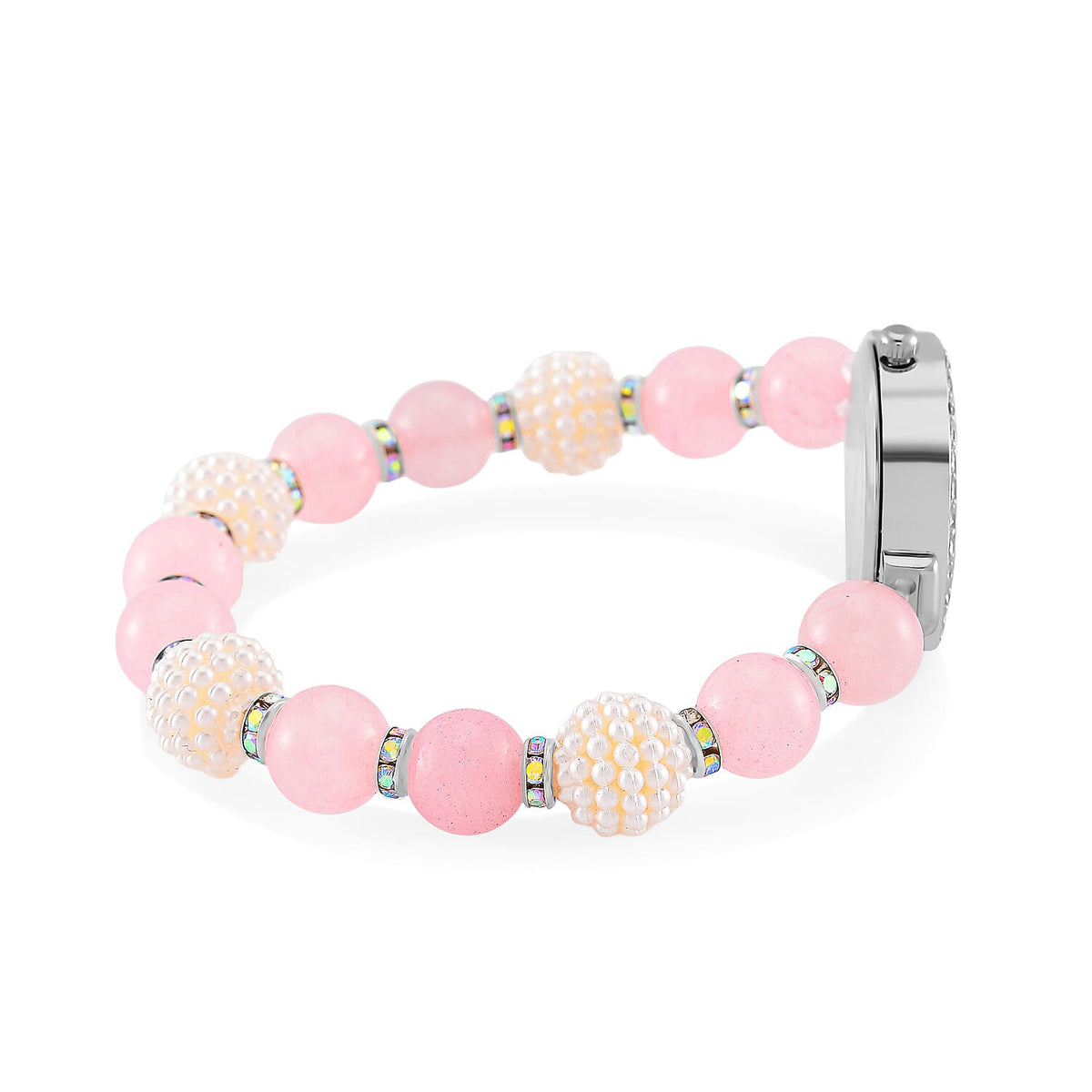 2 Piece Set - STRADA Japanese Movt. Watch with Rose Quartz, Resin &amp; Austrian White Crystal Stone Beaded Elastic Strap and Matching Bracelet Set 4356357 4