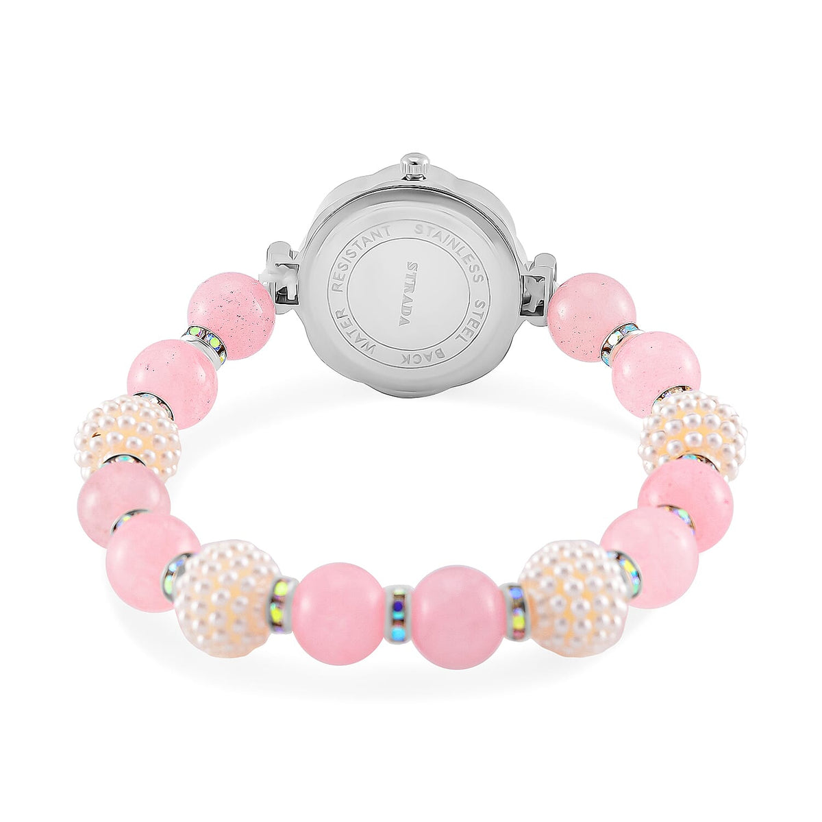 2 Piece Set - STRADA Japanese Movt. Watch with Rose Quartz, Resin &amp; Austrian White Crystal Stone Beaded Elastic Strap and Matching Bracelet Set 4356357 5