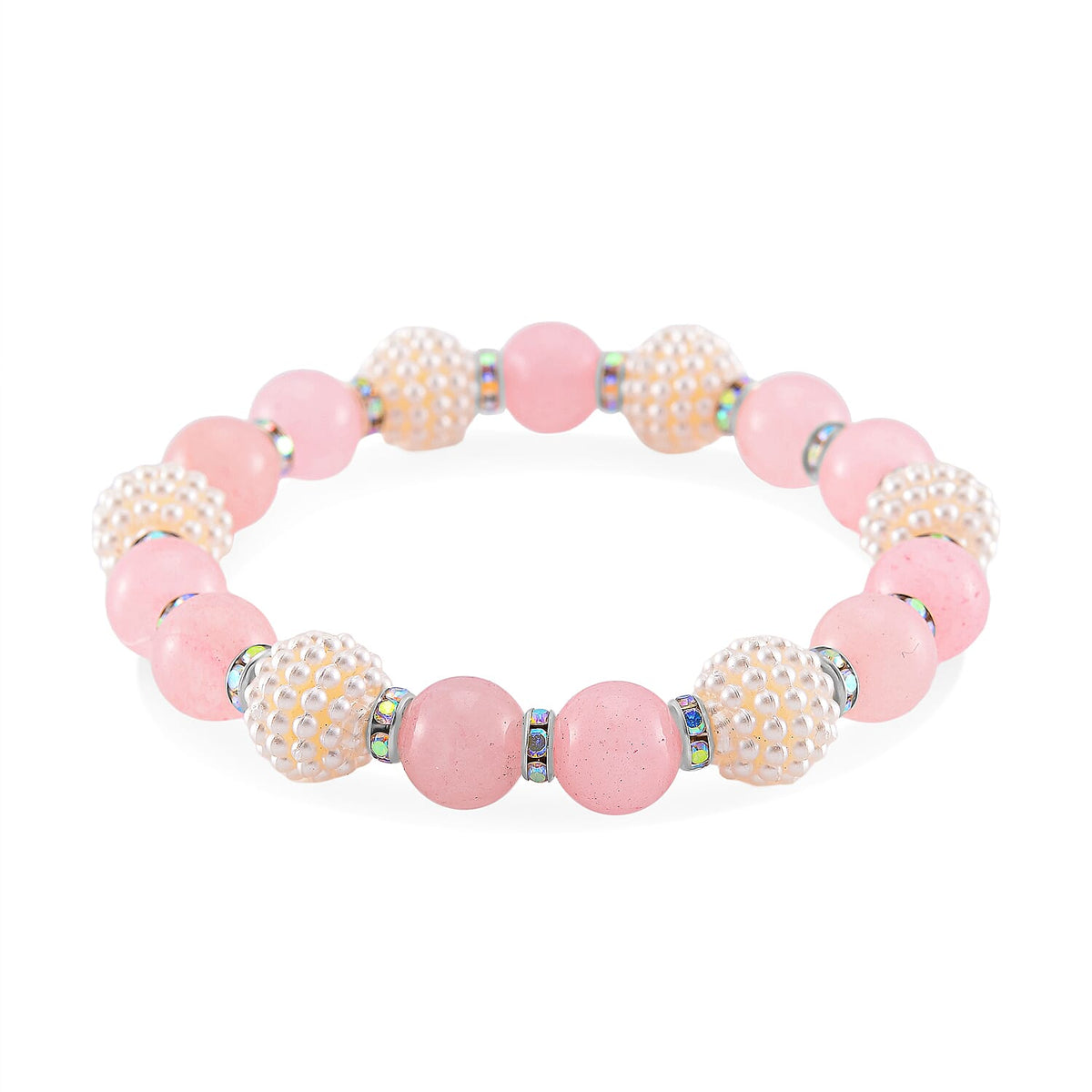 2 Piece Set - STRADA Japanese Movt. Watch with Rose Quartz, Resin &amp; Austrian White Crystal Stone Beaded Elastic Strap and Matching Bracelet Set 4356357 6