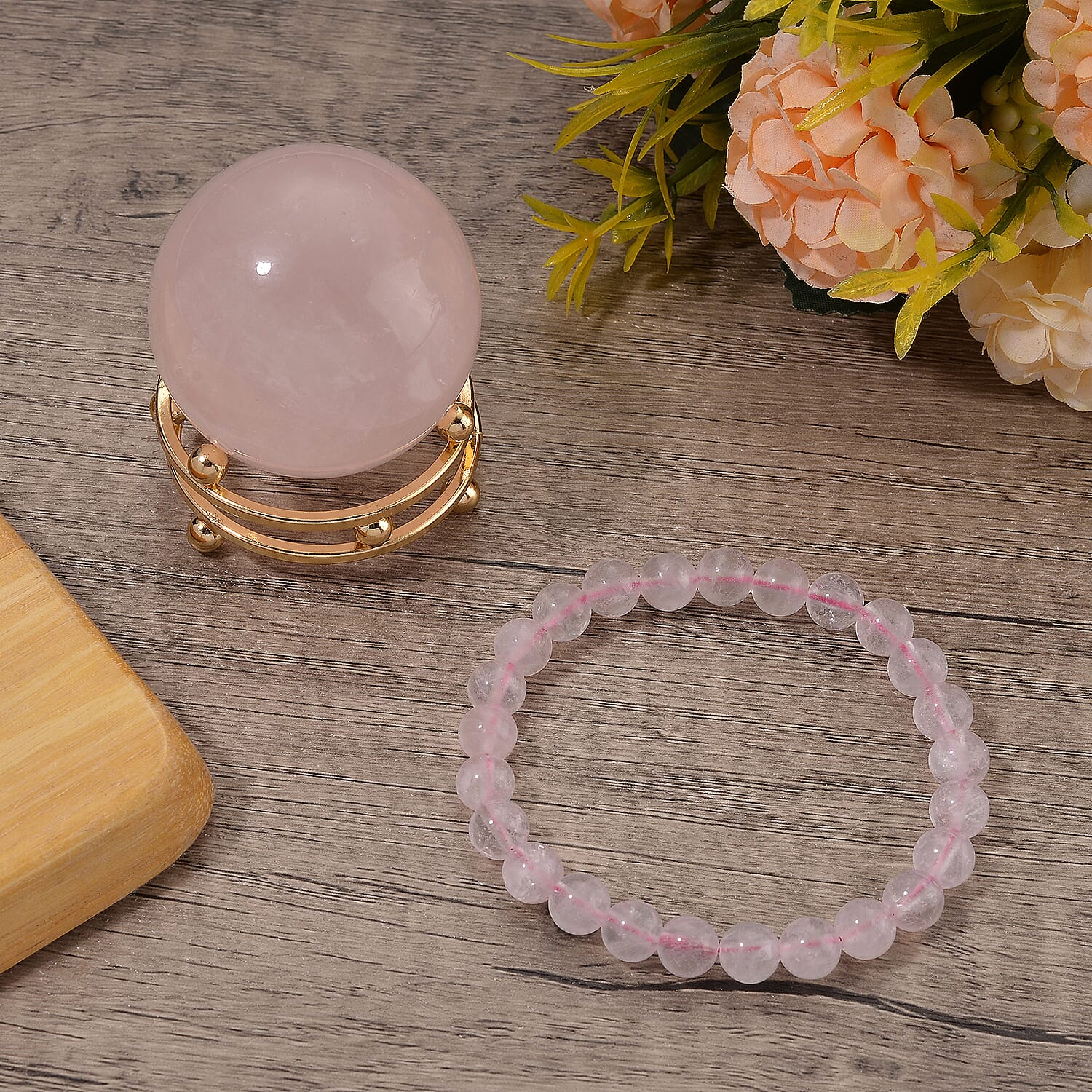 Natural Rose Quartz Set Of Sphere With Stand &amp; Bracelet (Size 7.5 Strechable) 736.00 Ct. 4403896 2