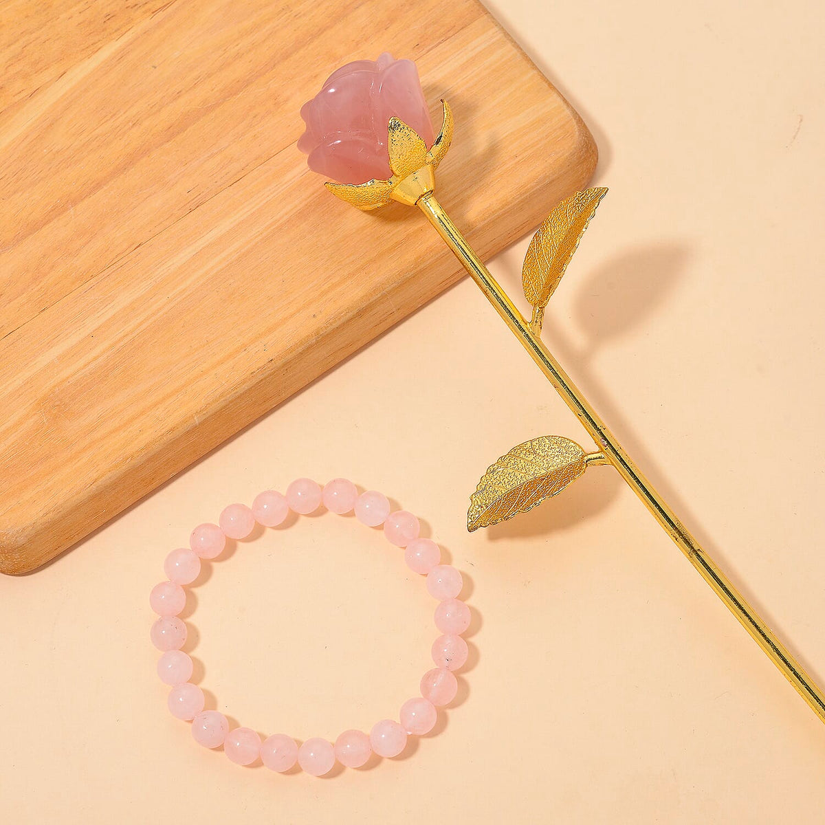 Handcrafted Decor Gift Rose Quartz Rose in Yellow Gold Tone and Stretchable Bracelet 225.00 Ct. 4432336 2