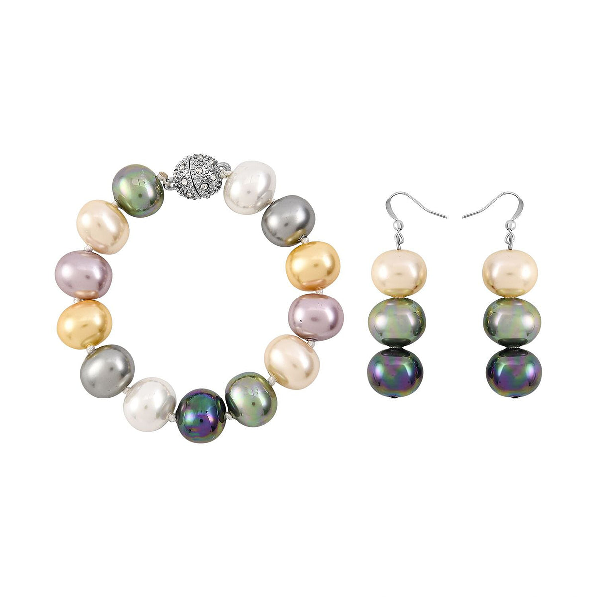 2 Piece Set - Multi Colour Shell Pearl Bracelet and Earrings in Stainless Steel 4128014 0